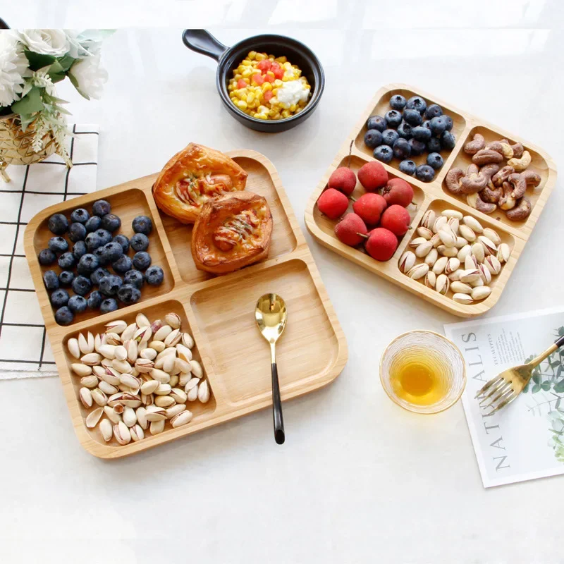 Tableware Square bamboo four-grid refreshment plate Fruit plate Children's plate