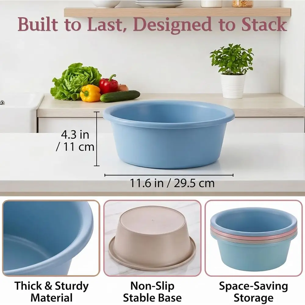 Stackable 4-Pack Plastic Wash Basins, 5 Quart Camping Dishpan, Portable Fruit & Vegetable Washing Tub, Versatile PP Utility Tub