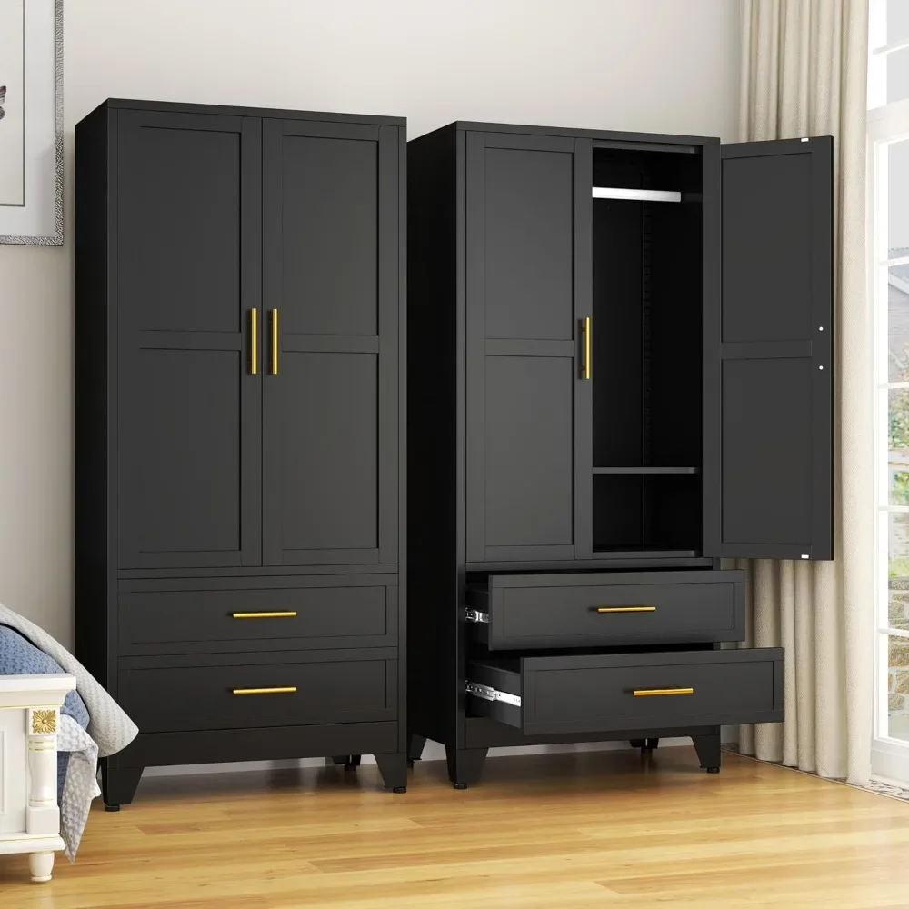 

71" Metal Clothing Storage Cabinets with 2 Doors, 1 Adjustable Shelf and 2 Drawers, Metal Wardrobe Cabinet with Hanging Rod