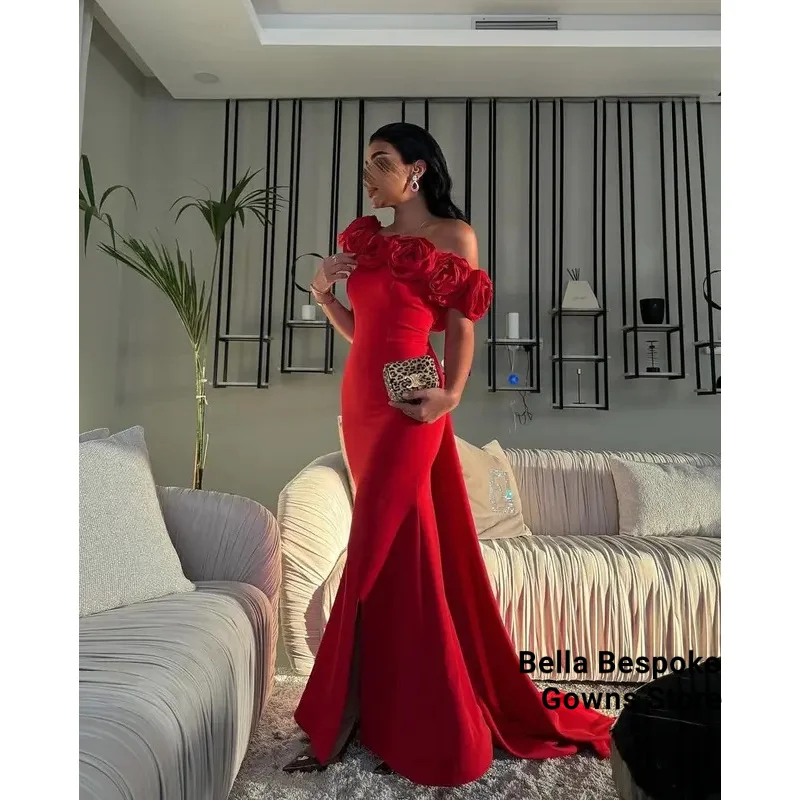 Robe de bal rouge sirène saoudienne, asymétrique épaule dénudée, fleurs faites à la main, longueur au sol, robe de soirée pour invités de mariage, personnalisée