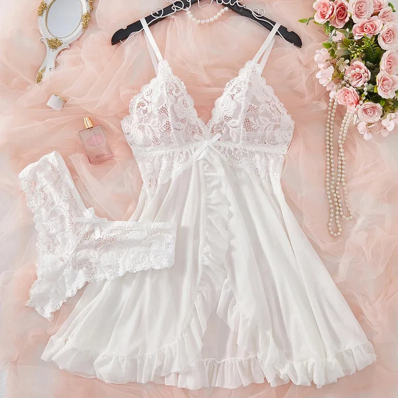 

Romantic White Sexy Lingerie Women's Underwear See Through Sleepwear Lace Nightdress And Panty Pijamas Sets Female Sexy Nighty