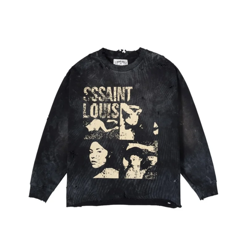 

Character Graffiti Saint Louis Ripped Long Sleeve T-Shirt Men Women Washed Black Vintage Tops Best Quality Street Loose T Shirt