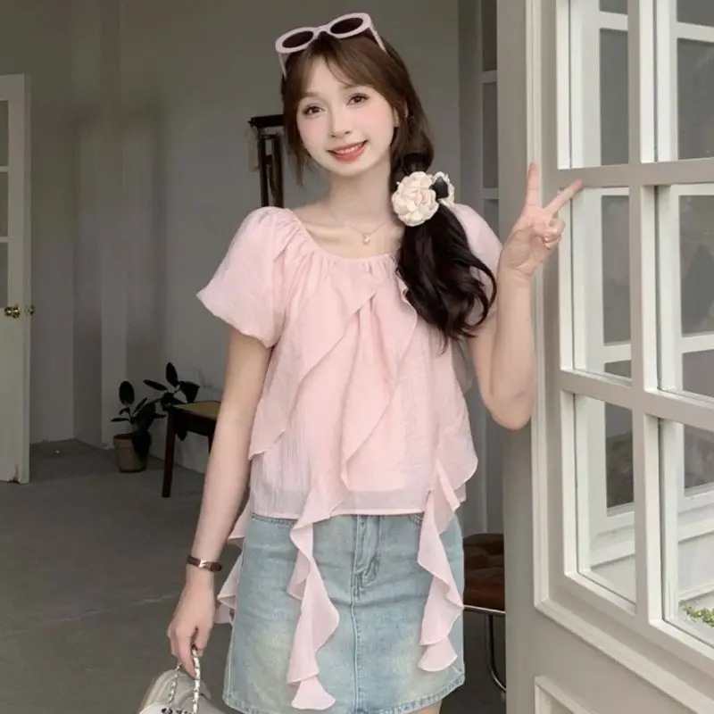 Women Summer French Sweet Loose Patchwork Solid Color O-neck Short Sleeve Shirts Ladies Fashion All-match Office Lady Top Tee