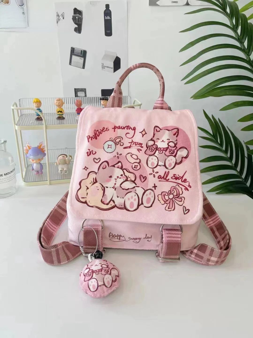 Xiuya Cute Pink Canvas Backpack for Women Kawaii Fashion Small Cartoon Print Bag Sweet Casual Flip-Top Cartoon Female Backpack