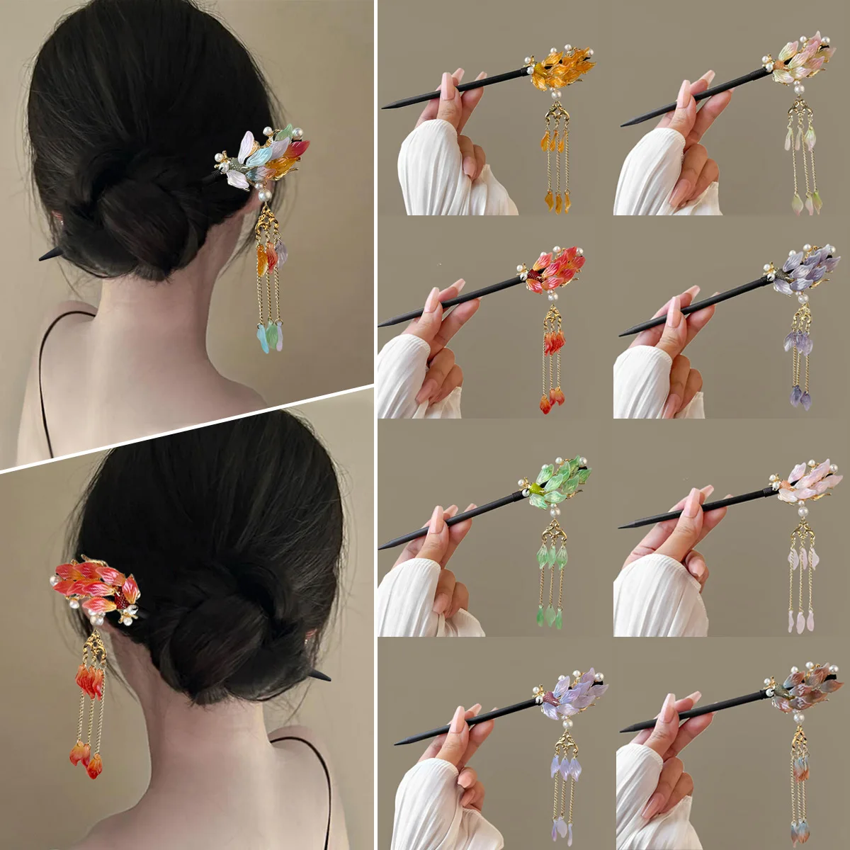 

Chinese Hair Accessoriest Floral Petal Tassel Hairpin Koi Fish Hairpin Wooden Hair Stick for Buns Women Traditional Headpiece