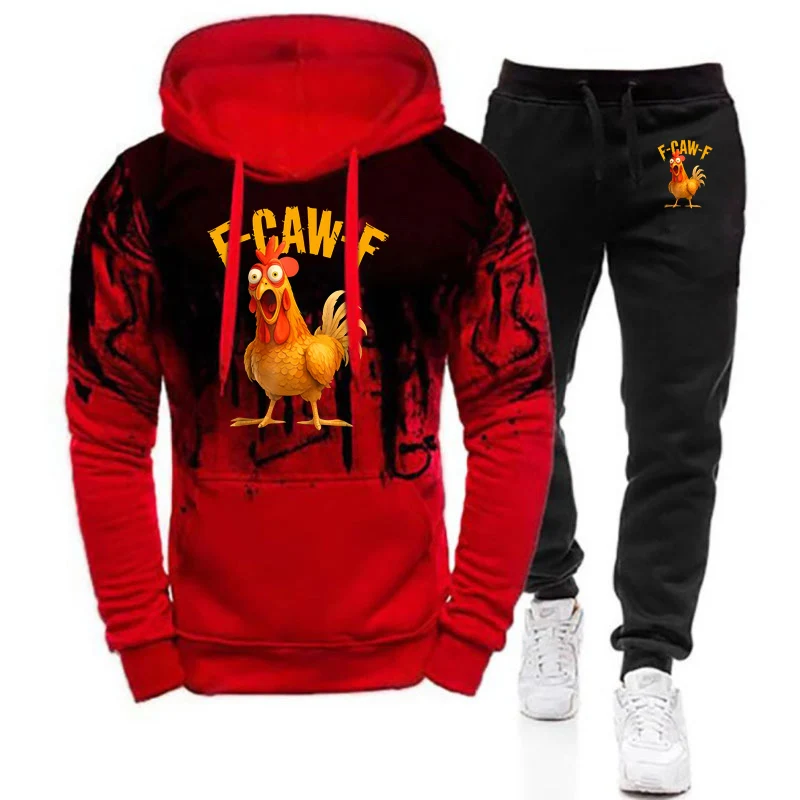 F Caw F Chicken FCAWF Printing Men's New Spring Autumn Casual Pullover Hoodie+Sweatpants Harajuku Gradient Color Two Piece Suit