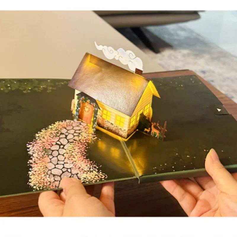 

2Pcs Pop-up Tranquility Flower Cottage Lighted Greeting Cards Creative Atmosphere Sense 3D Glowing Blessings Handmade Cards