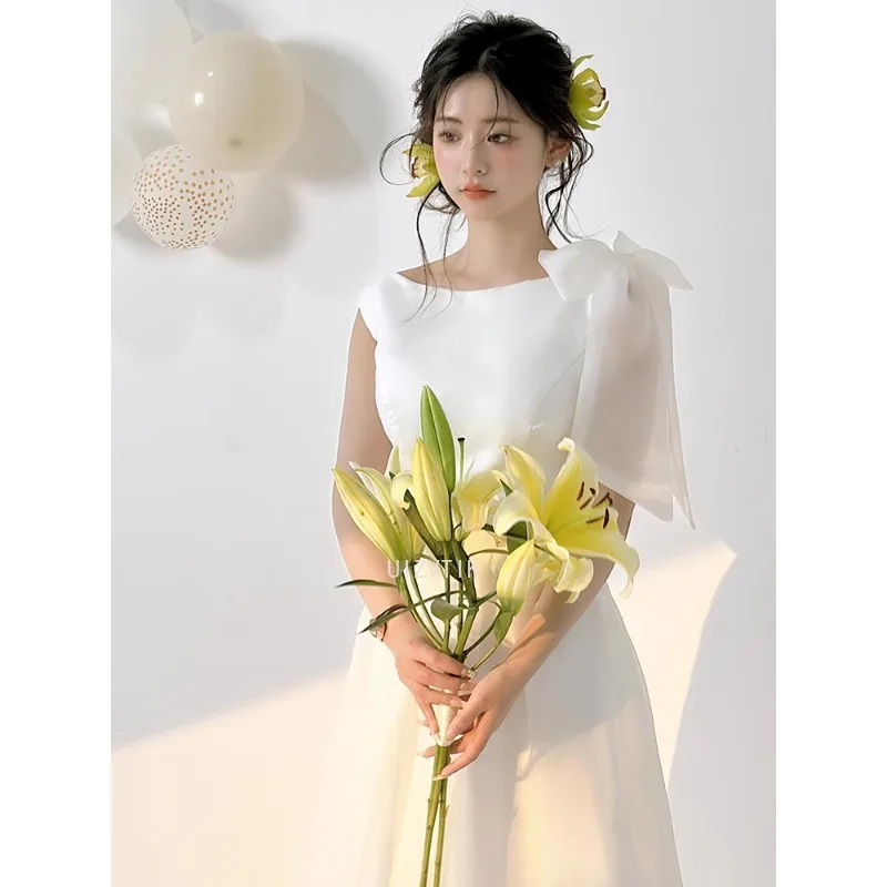 Простые корейские длинные свадебные платья трапециевидной формы с бантом для фотосессии из мягкого атласа с круглым вырезом Элегантные свадебные платья웨딩드레스 По индивидуальные корсеты 2025 Новинка