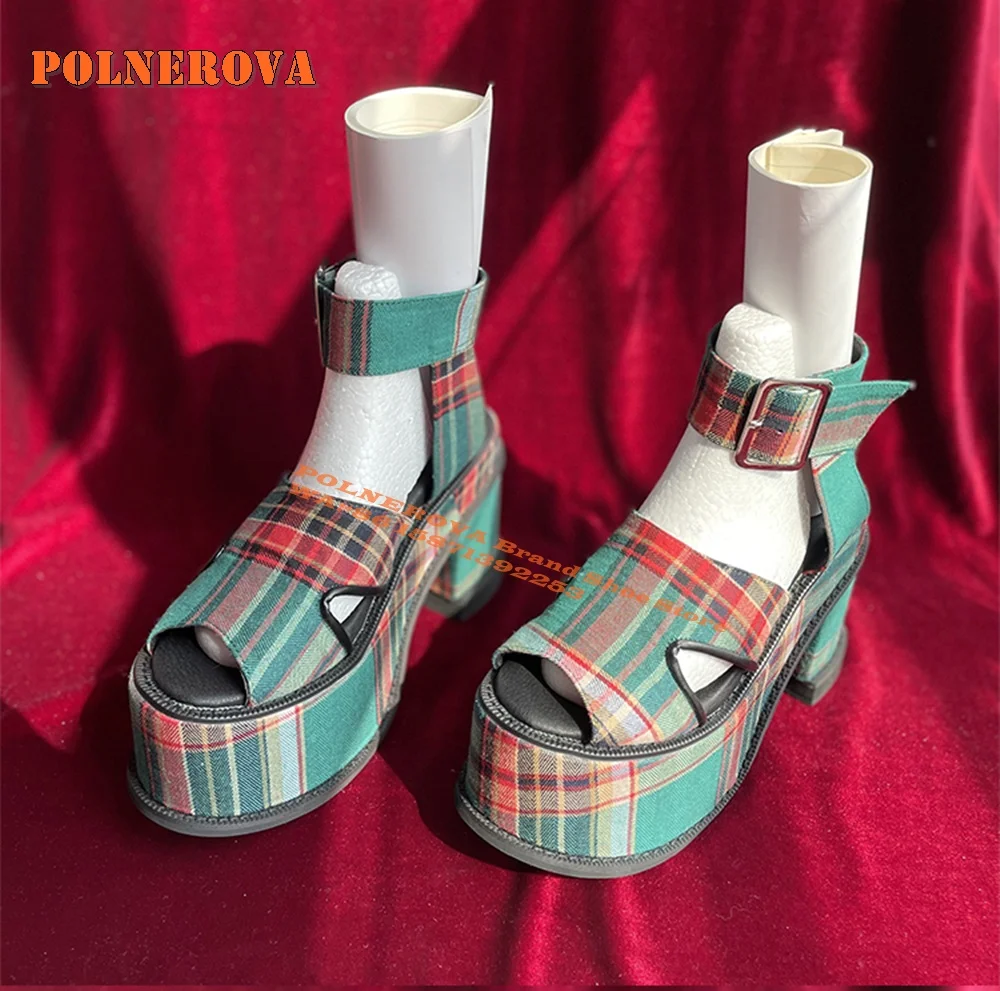 Green Plaid Buckle Strap Cut Out Sandals Peep Toe Block Heels Side Air Large Size Retro Pumps Y2K Dress Sweet Cool Style Shoes