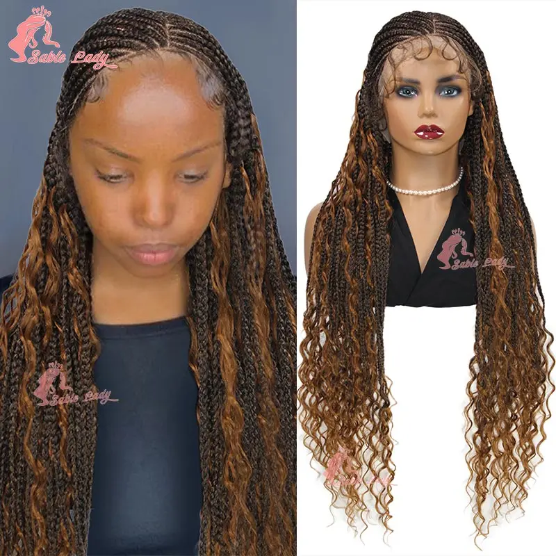 Long 32 Boho Braided Full Lace Front Wigs Synthetic Blonde Curly Goddess Locs Cornrows Wigs Pre Plucked Knotless Box Braids Wig