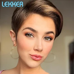 Lekker Glueless Ombre Blonde Short Pixie Cut Bob Human Hair Wig For Women Brazilian Remy Hair Ready to Wear Straight Colored Wig