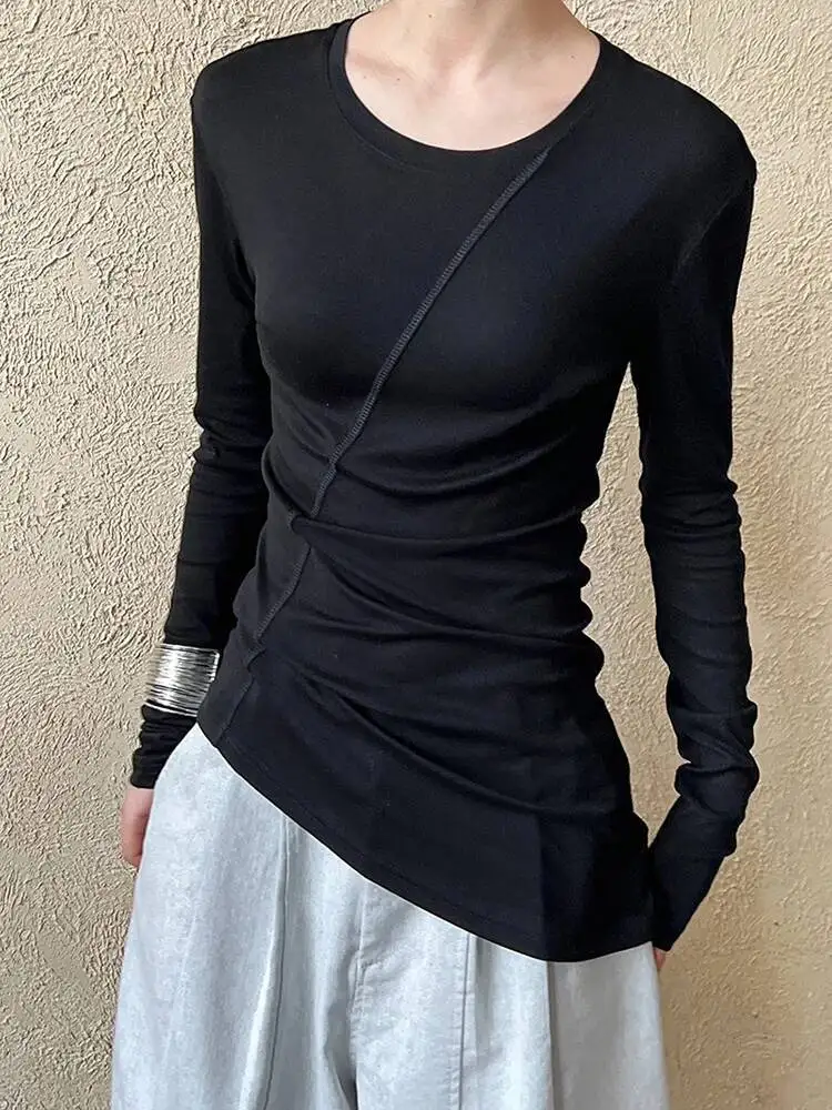 High Quality Perspective Women Gray Thin Slim Irregular T-shirt New Round Neck Long Sleeve Fashion Spring Autumn 2026 IDI5 - view 6