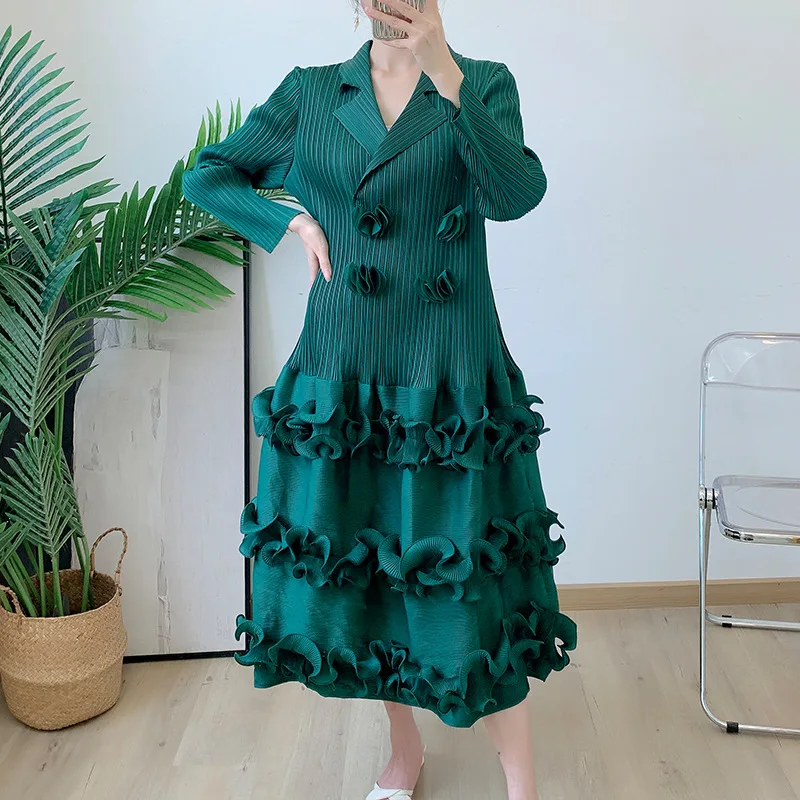 2023 New Miyake Pleated Autumn Solid Dress Ruffle Edge Turnd-own Collar Slim Dresses Elegant Women's Clothing