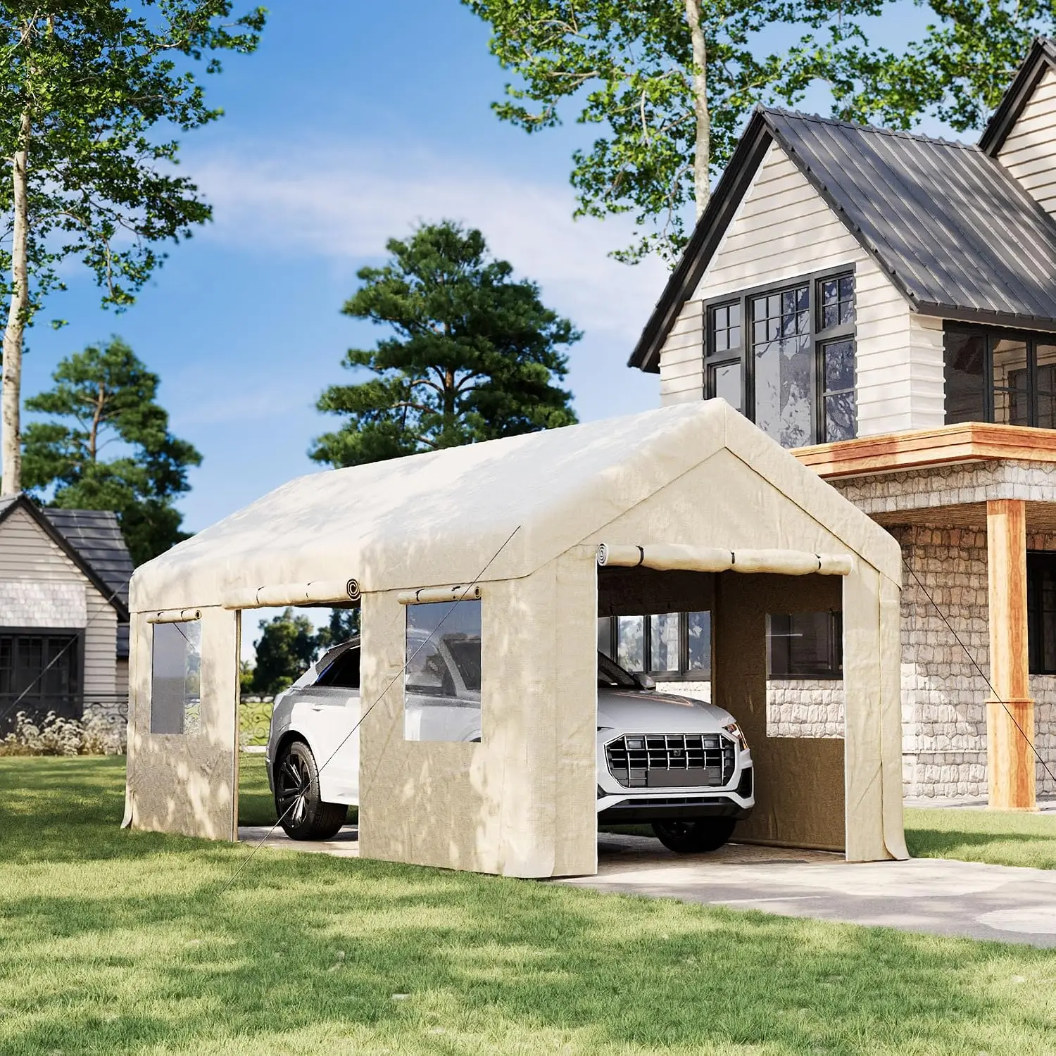 10x20ft Heavy Duty Carport, Reinforced Frame, Weatherproof Canopy with Roll-up Windows & Sidewalls,  Customized