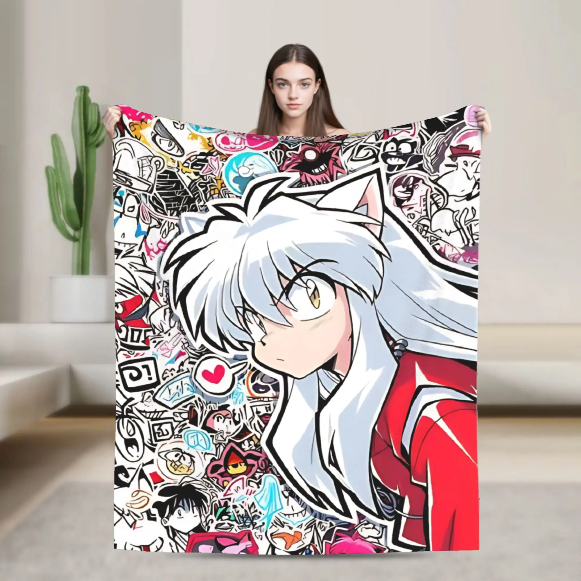 Anime Wolf Boy Collage  Blanket Velvet Spring Autumn Inuyashas Multi-function Ultra-Soft Throw Blankets Plush Thin Quilt