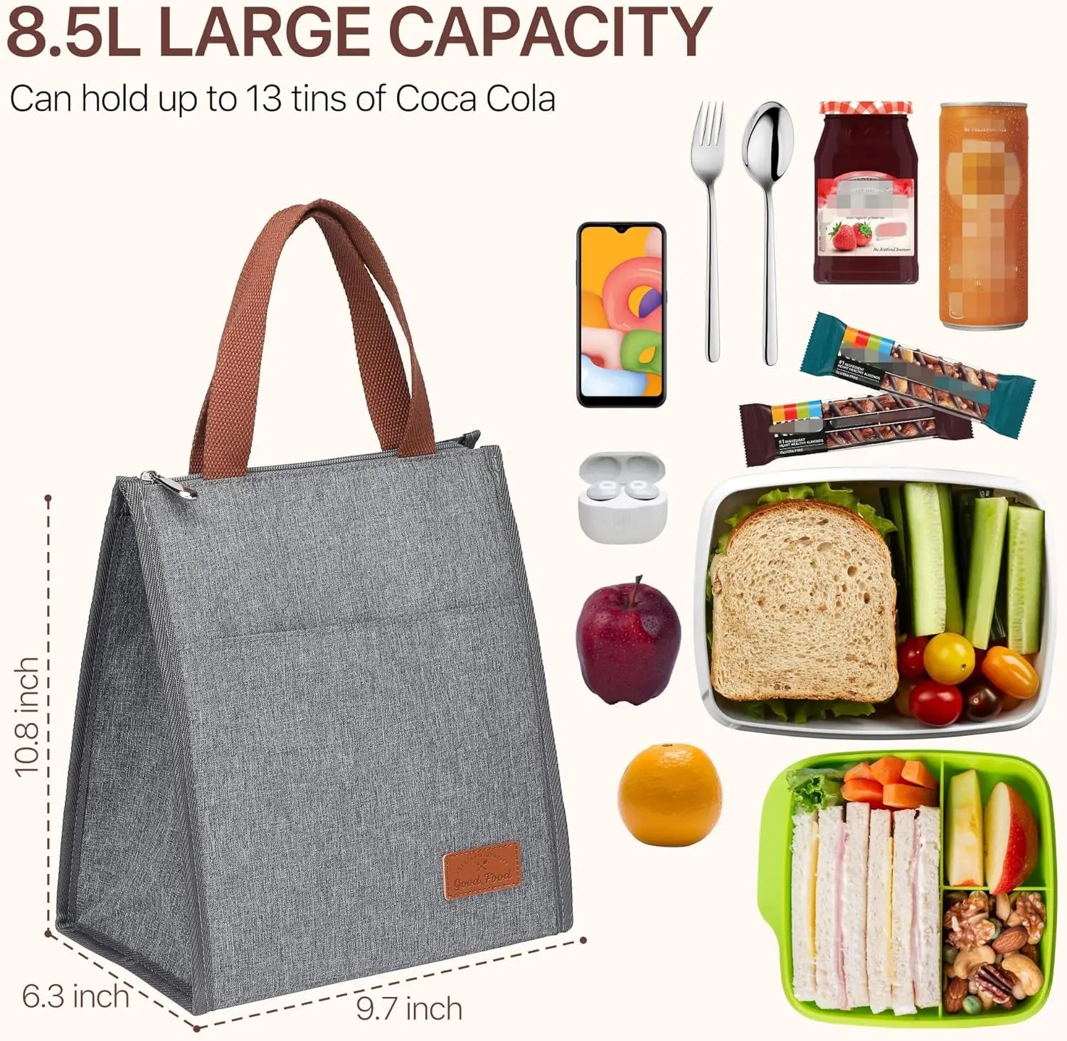 Lunch Bag, Insulated Lunch Tote Bags Portable Reusable Adult Lunch Cooler Bag Thermal Organizer, Water-resistant Lining (Grey)