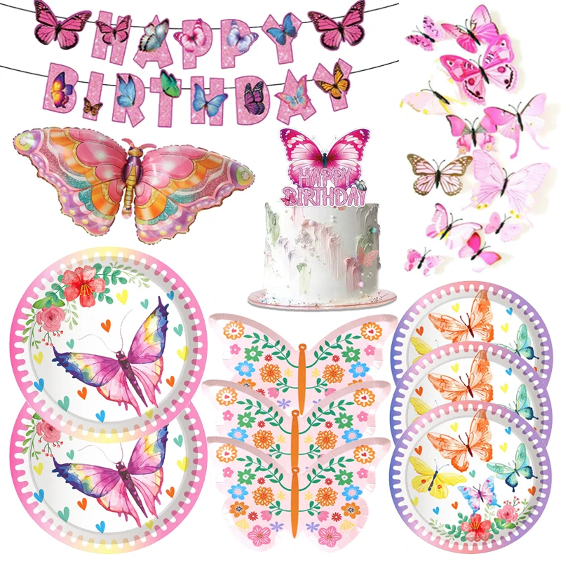 Butterfly Flower Cartoon Party Disposable Tableware Decor Paper Plates Cups Balloons Birthday Baby Shower Wedding Party Supplies