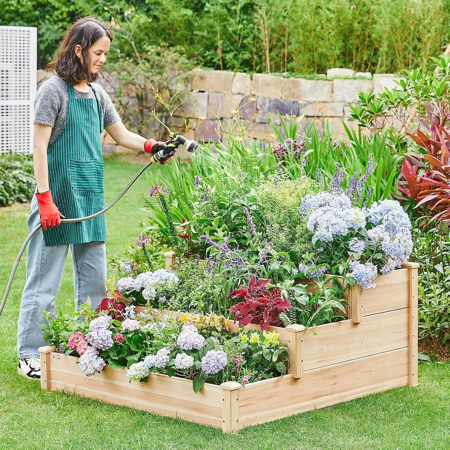 3 Tier 47 x 47 x 22in Raised Garden Bed Horticulture Outdoor Elevated Flower Box Tiered Garden Bed Wooden, Customized