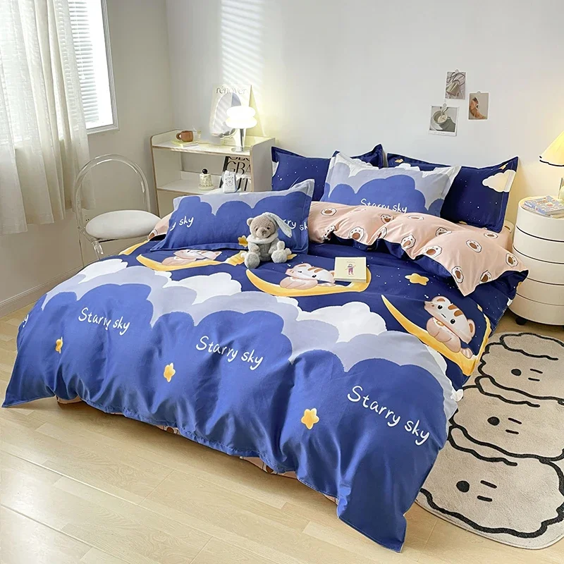 Cute Cartoon Cat Duvet Cover Starry Sky Star Moon Bedding Set 4PCS Set Reversible Quilt Cover Microfiber Flat Sheet & Pillowcase