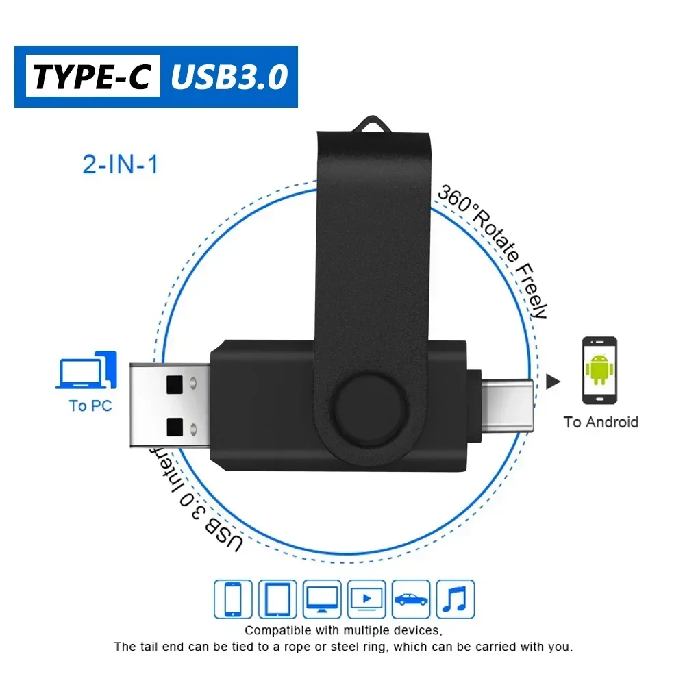 Unidade Flash Rotativa USB Tipo-C, Memory Stick de Alta Velocidade, Pen Drive Portátil, Disco U, 8GB, 128GB, 256GB, 64GB, 32GB