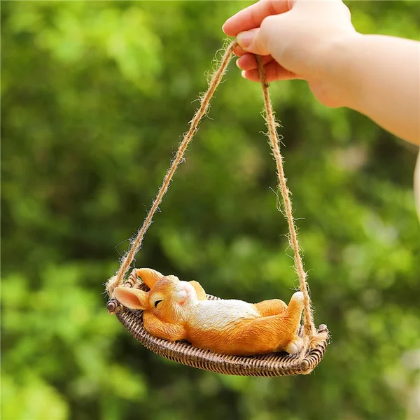 

Funny Hanging Swing Hammock Rabbit Statue Fairy Tree Sleeping Sculpture Hanger Yard Garden Decoration Resin Animal Figurines