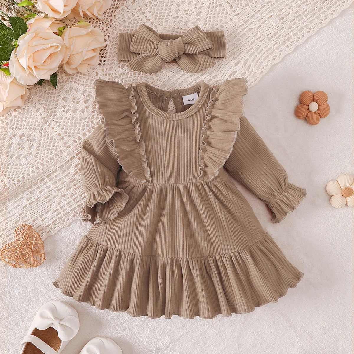 Newborns Baby Girls Dress Solid Color Ruffled Dress Dress And Headband Suitable 0-18 Montha Cute Baby Girl Spring Autumn Dress