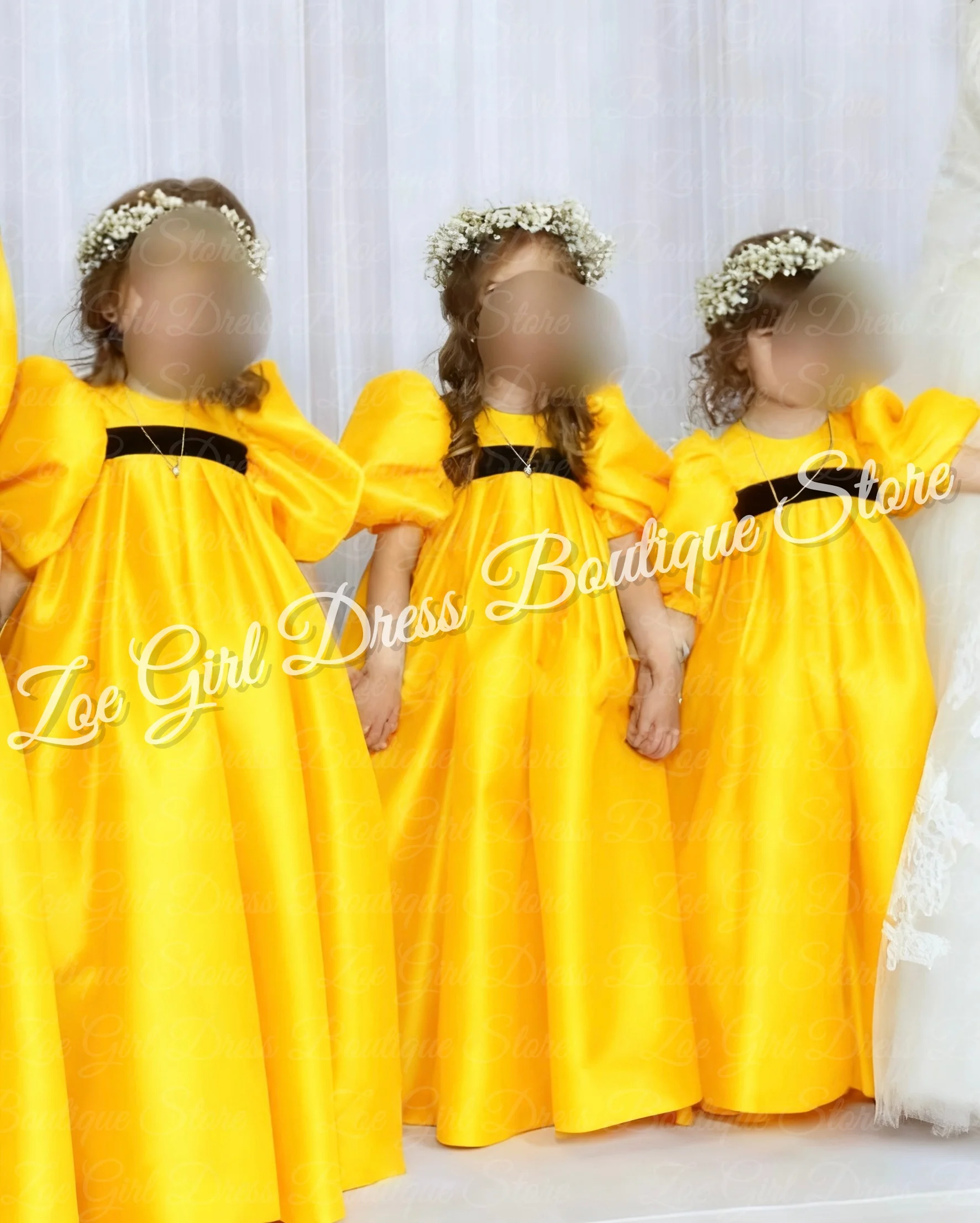 فستان فتاة الزهور البيضاء لحفلات الزفاف برقبة دائرية من الساتان للأطفال بخصر عالٍ وأكمام بالونية فستان عيد الميلاد مخصص للحفلات