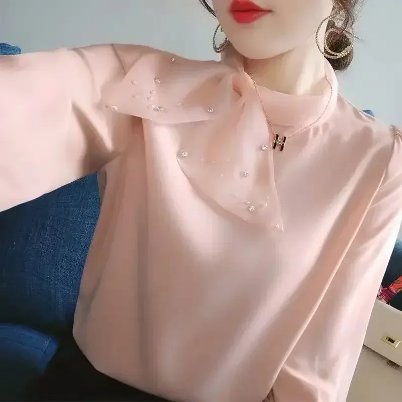 

Spring Elegant Fashion Women Scarf Collar Chic Bow Beading Chiffon Shirt Korean Temperament Long Sleeve Loose Blouse Casual Tops