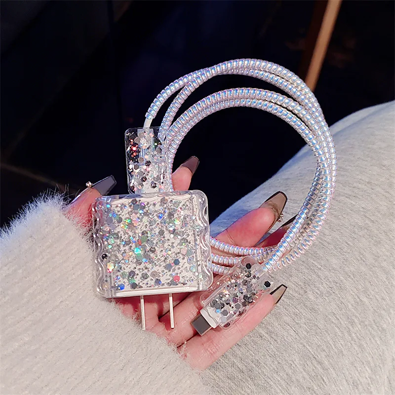 

Glitter Charger Cable Protector Cover For iPhone 18W 20W Transparent Love Heart Soft Shell Line Winder Protection Sleeve