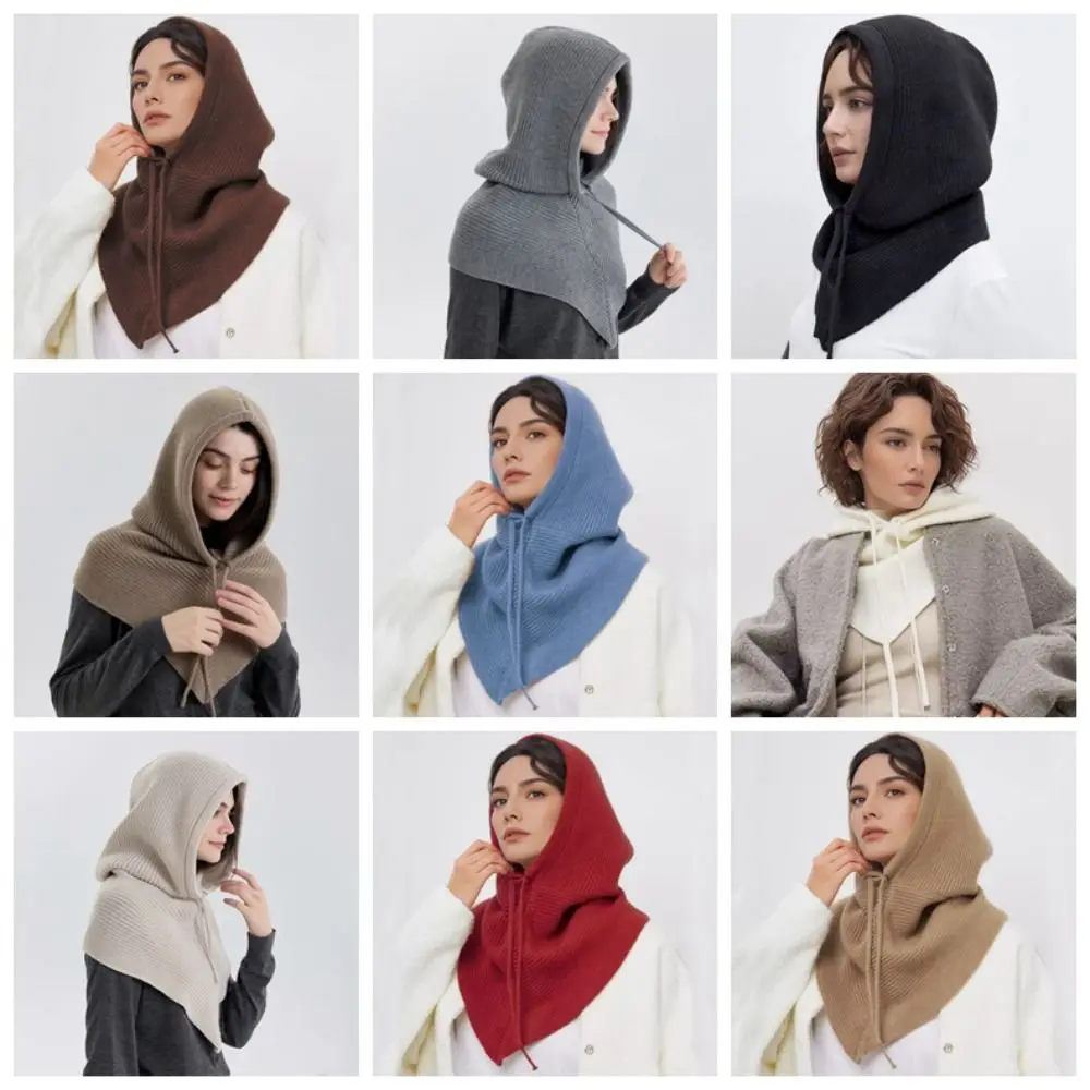 Bonito cor sólida balaclava chapéu engrossado quente malha com capuz boné cachecol pescoço gola inverno boné streetwear