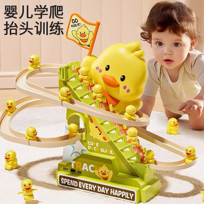 

Little Duck Automatically Music Climbing Stairs Electric Rail Car Children's Puzzle Little Yellow Duck Slide Toys Kids Gifts