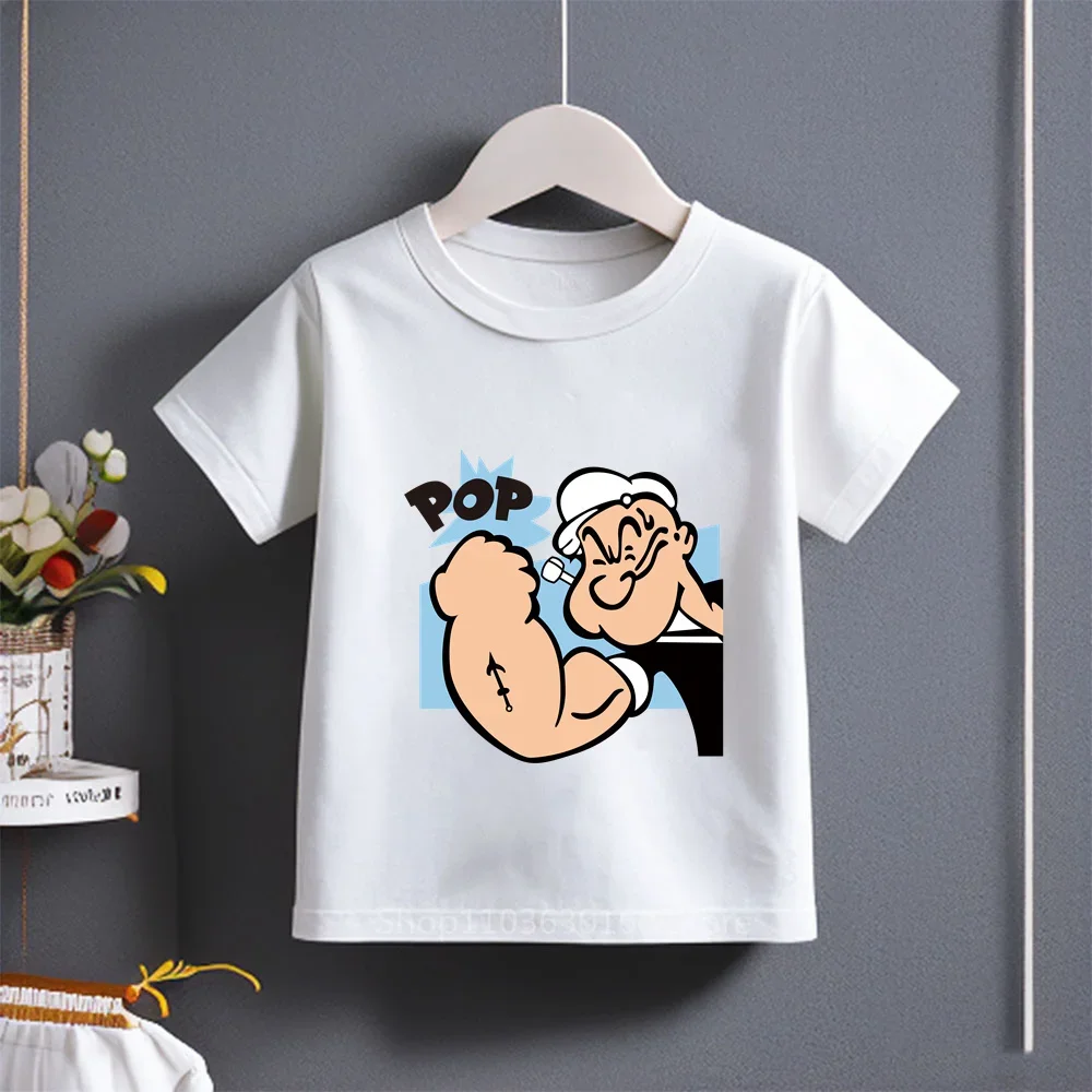 Summer New Cotton Casual Cute Kids Short Sleeve T-shirt Boys Girls Ages 3-14 Popeye Cartoon Print Fashion Tee