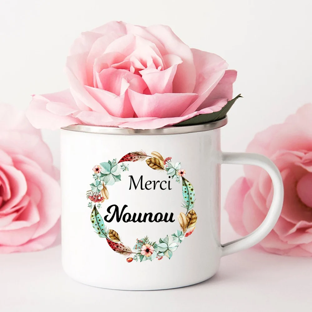 Merci Nounou Printed Mugs Creative Coffee Tea Cups Drink Water Milk Cup Enamel Mug School Home Handle Drinkware Gifts for Nounou