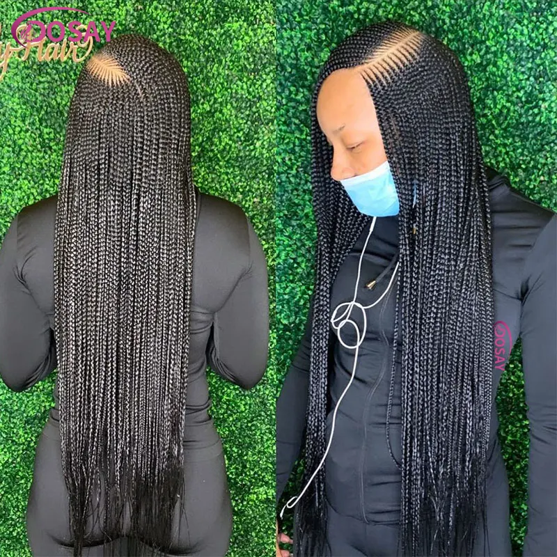 Wig kepang renda Cornrow 36 "bagian sisi Afro Wig Wig kepang keriting renda sintetis wanita Wig kepang kotak tanpa simpul dengan rambut bayi