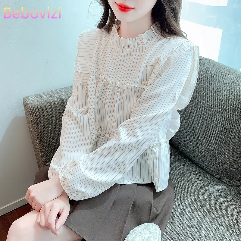 

Sweet Ruffled White Shirt Women's Autumn Flying Sleeves Casual Stripes Shirt Loose Long Sleeve Blouse Top