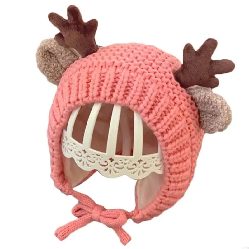 N5KB Baby Trapper Hat Earflap with Chin Strap Cartoon Deer Antlers Animal Knit