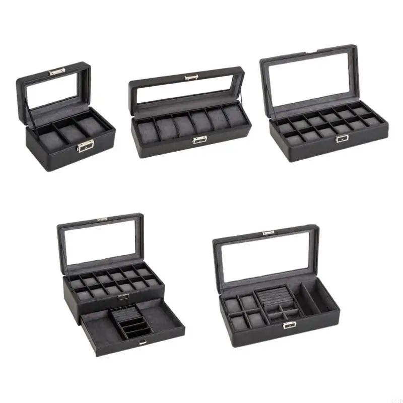 

Multipurpose Watch Box Organizers with Sturdy Drawer and Glass Lid Display Case Soft Microsuede Liner Daily Use