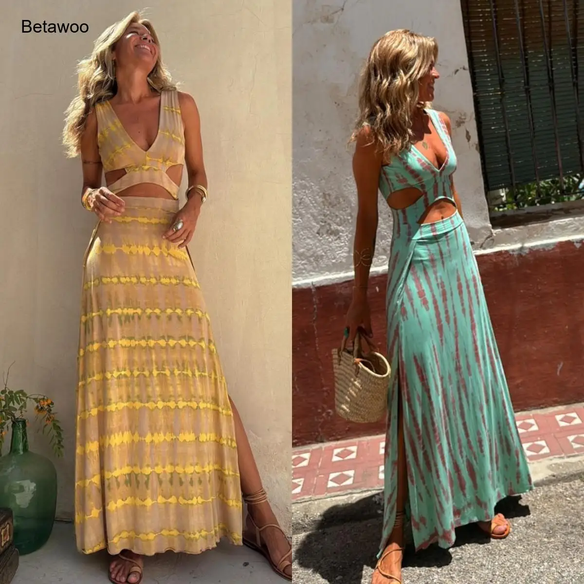 Women's Boho Tie-Dye Print Cutout 2 Piece Set - Crop Top & High Slit Maxi Skirt