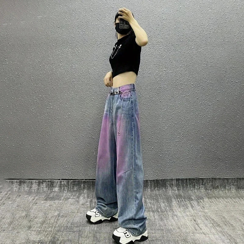 Washing Gradient Color Y2K Baggy Jeans Women Vintage American Style High Waist Straight Trousers StreetWear Wide Leg Denim Pants