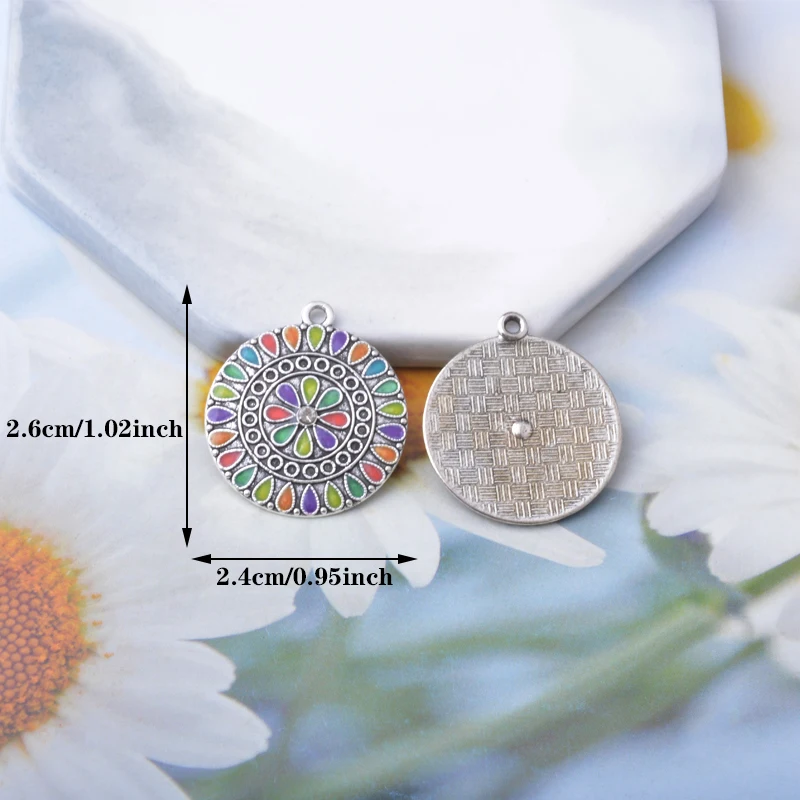 10pcs Bohemia Zinc Alloy Antique Silvery Golden round flower charms Earrings Boho Pendant DIY Women's  Jewelry Making