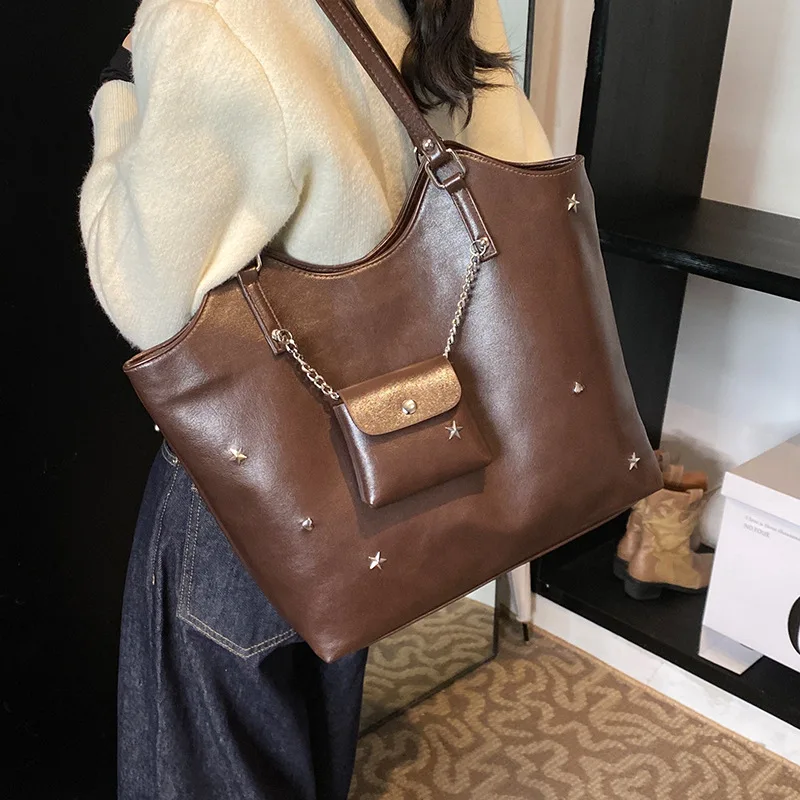 

Vintage Satr Rivet Women Shoulder Bags with Small Purses Large Capacity Tote Bag Soft Pu Leather Handbags Big Shopper Purses