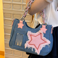 Y2K Vintage Korean Fashion Shoulder Bag Underarm Harajuku Star Tote Denim Bag Chain Ladies Bags Zip Purses Handbags Women