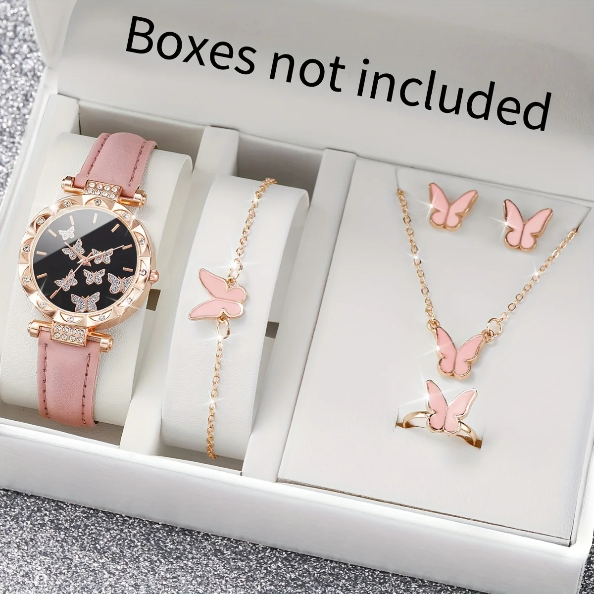 6pcs/set Glamorous Womens Shiny Rhinestone Butterfly Quartz Watch & PU Leather Jewelry Set - Fashionable Analog