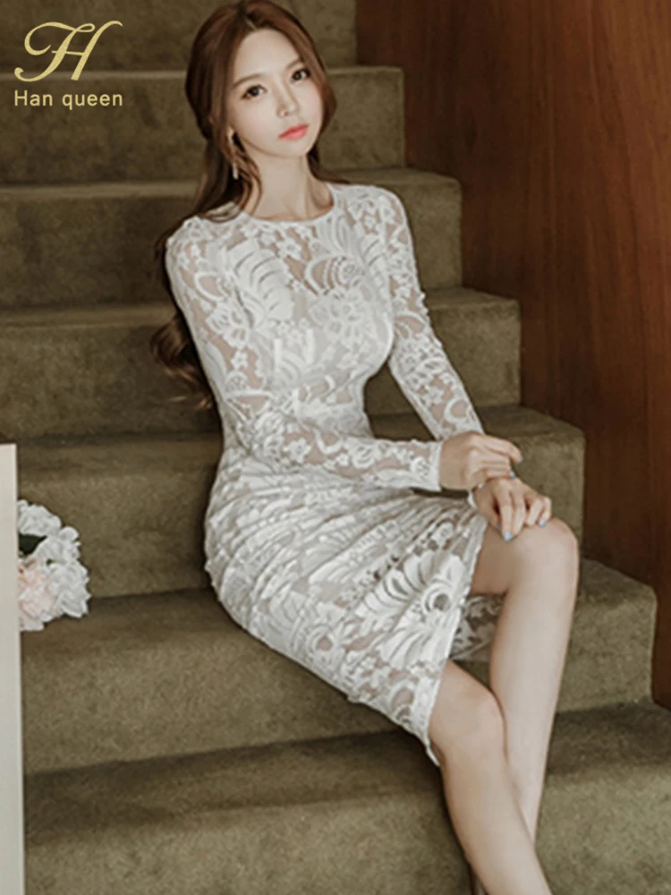 Han Queen nowa koronkowa sukienka ołówkowa kobiety wydrążają pochwa sukienki bandażowe typu Bodycon elegancki biały półce szczupły OL pracowni