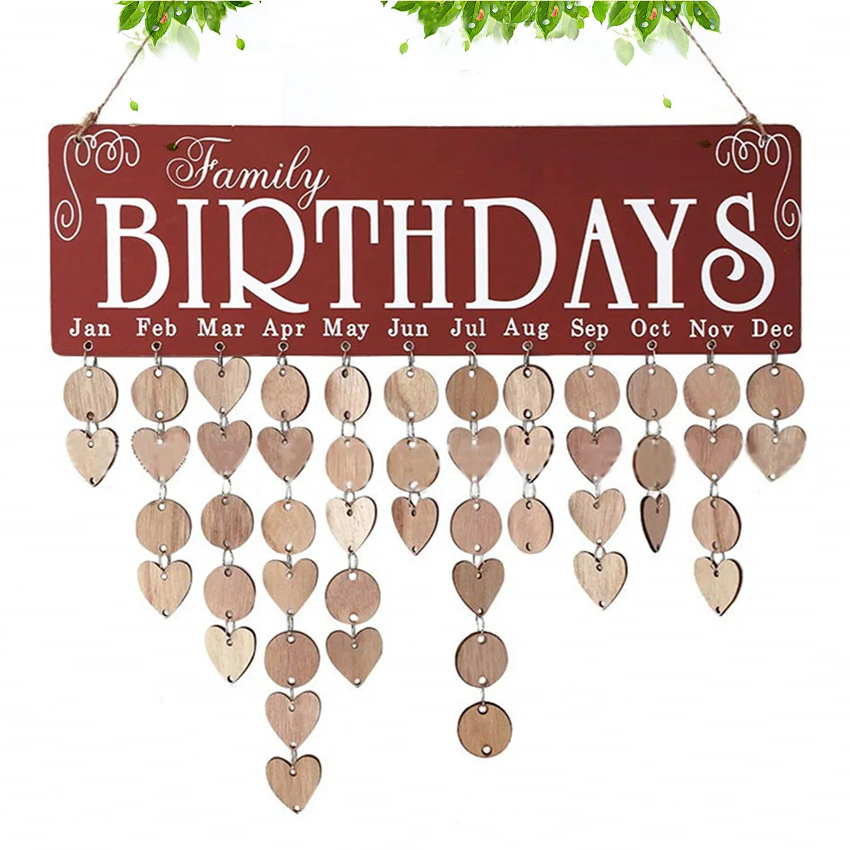 

Creative Wooden Hanging DIY Calendar Reminder Board Red Plaque with 50 Round 50 Heart Pendants Home Decor Gift