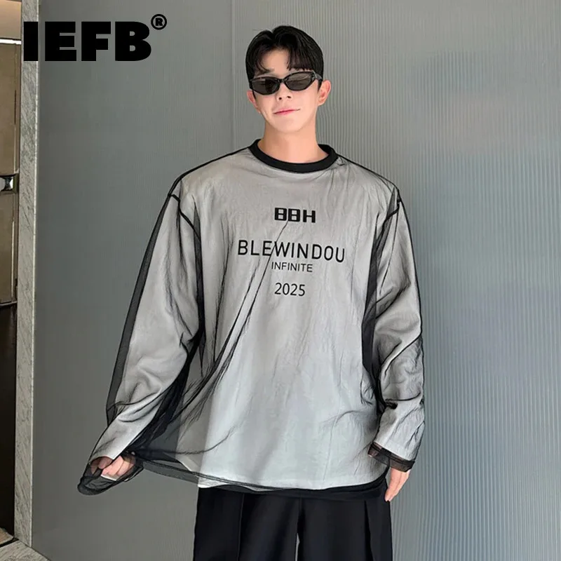 IEFB Niche Design Men's T-shirts Round Collar Letter Printing Casual Mesh Patchwork Shoulder Pads Long Sleeve Male Tees 9C7643