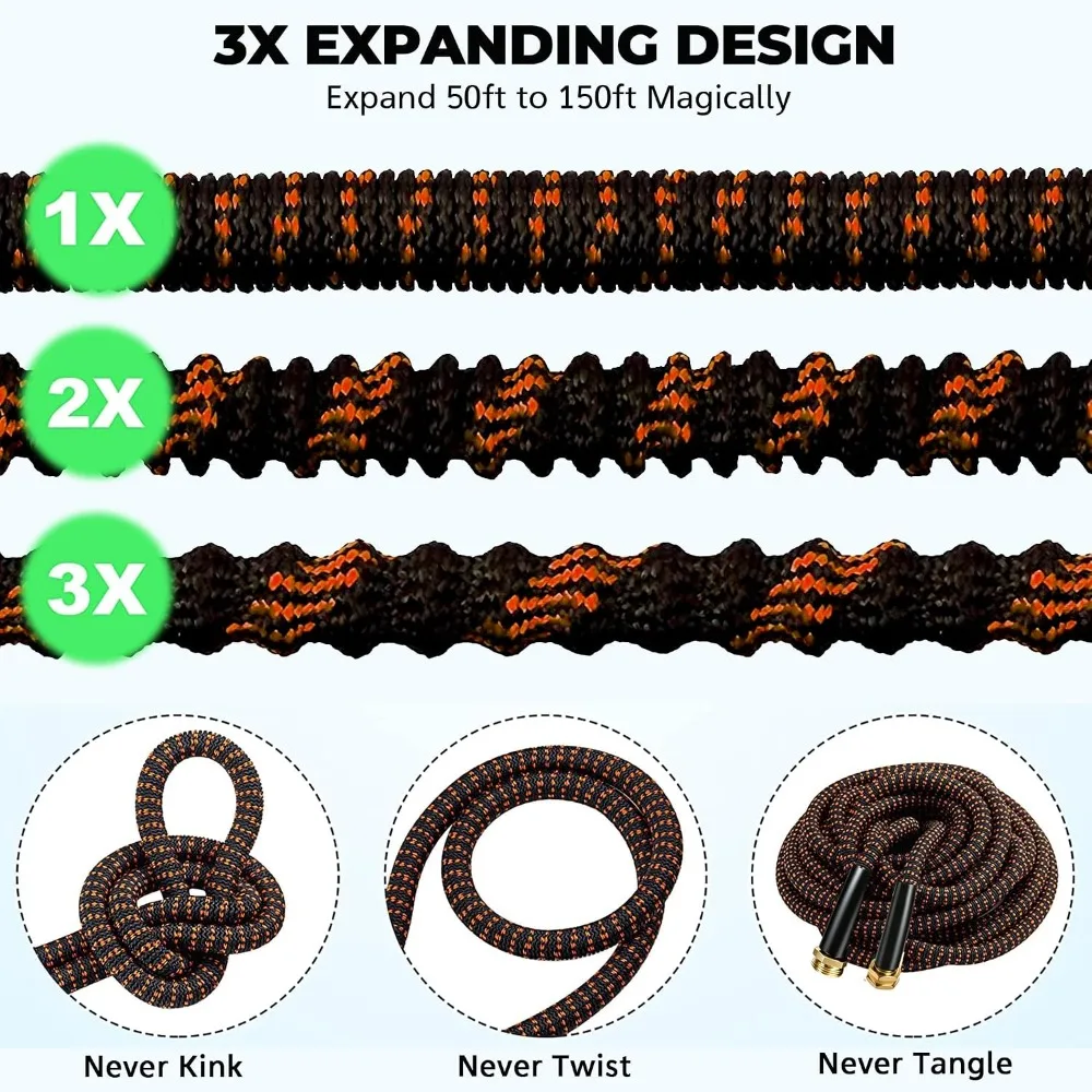 Expandable Garden Hose 150ft with 10-Function Nozzle, Flexible, Kink-Free, Leak-Proof, Lightweight Retractable Water Hose for Yard, Lawn, Car Wash - Black/Orange