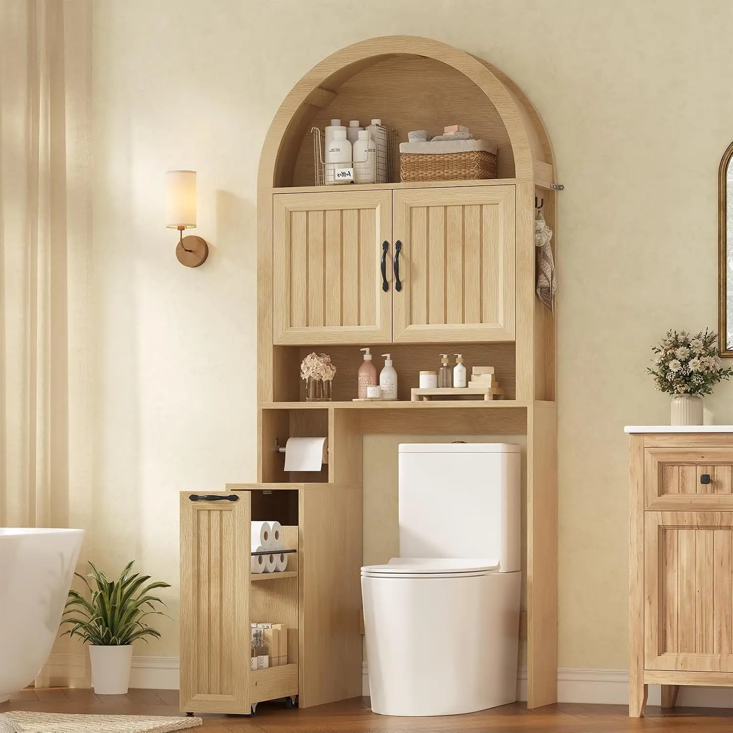 Arched Over The Toilet Bathroom Storage Cabinet with Pulley Small Pushcart, Oak, Customized