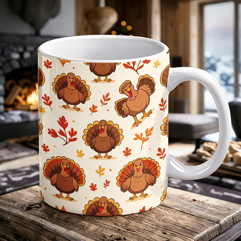 

Cute Cartoon Turkey & Fall Leaves Ceramic Mug Thanksgiving Novelty Tea Cup All-Over Print Cartoon Ceramic Water Cup Family Gift