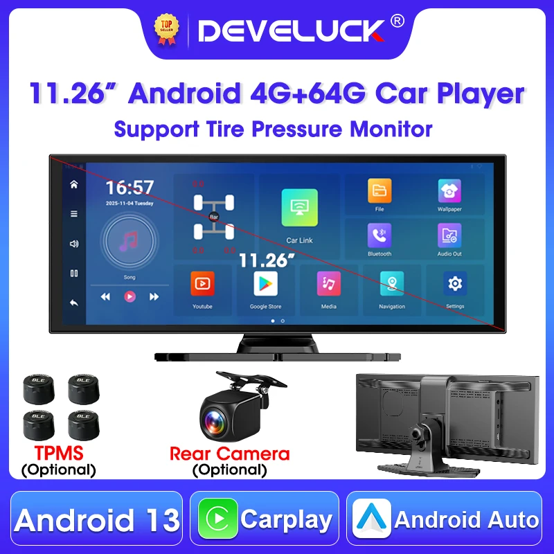 Develuck 11,26" Android13 4G+64G Auto Multimedia Player Carplay Android Auto 5G WIFI Airplay Monitor Unterstützung Youtube Netflix TPMS
